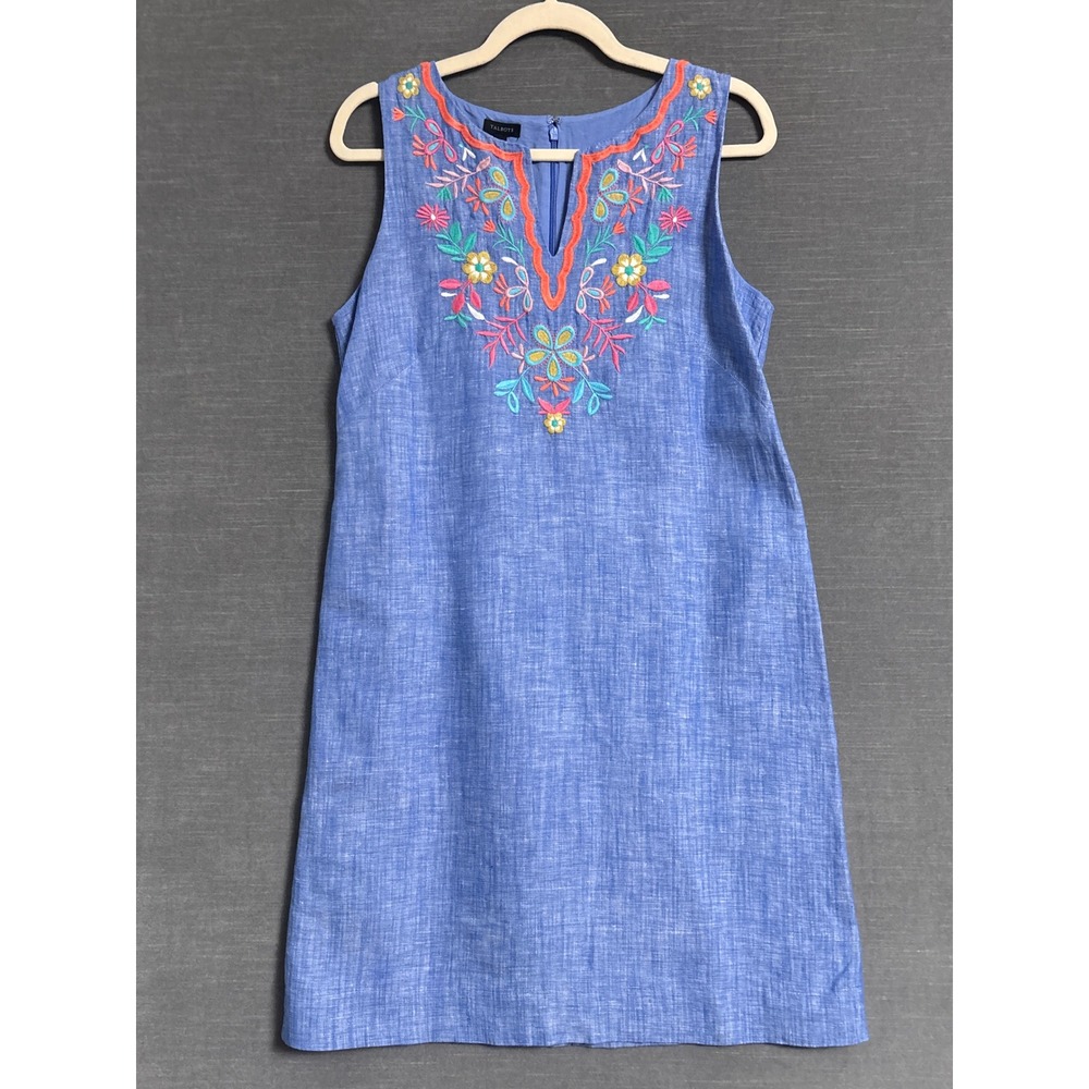 Talbots Dress 8 Blue Floral Linen Cotton Embroidered Sleeveless Shift Boho